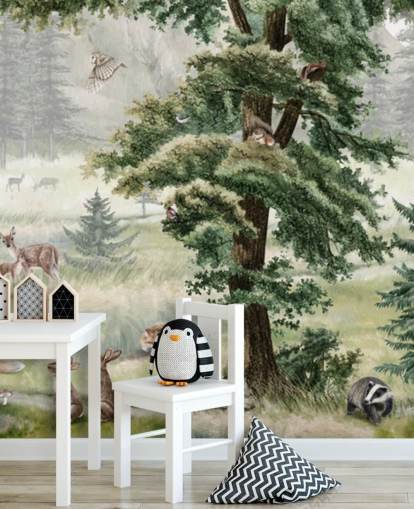 murale per la cameretta dei bambini personalizzabile verde e marrone chiamato Forest Fun Panorama di Kikki Belle