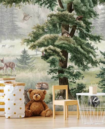 mural de berçário infantil personalizável em verde e marrom chamado Forest Fun Panorama de Kikki Belle