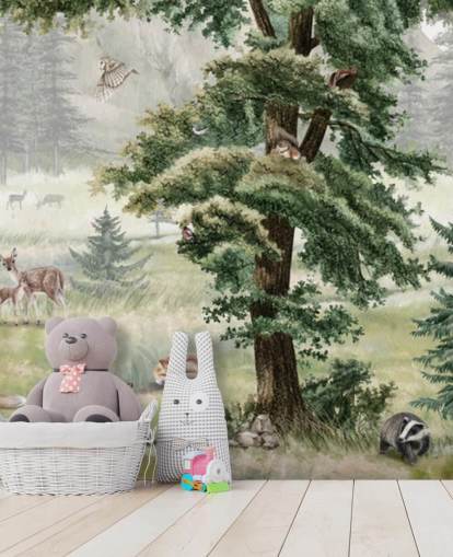 grønt og brunt tilpassbart barnehage veggmaleri kalt Forest Fun Panorama av Kikki Belle