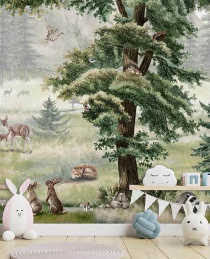 mural de berçário infantil personalizável em verde e marrom chamado Forest Fun Panorama de Kikki Belle
