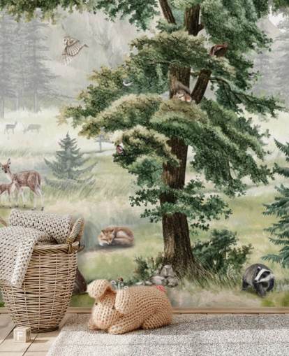 murale per la cameretta dei bambini personalizzabile verde e marrone chiamato Forest Fun Panorama di Kikki Belle murale per la cameretta dei bambini personalizzabile verde e marrone chiamato Forest Fun Panorama di Kikki Belle