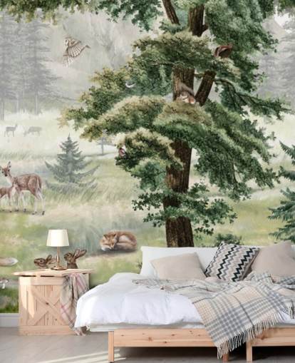green and brown customisable kids nursery mural called Forest Fun Panorama by Kikki Belle
