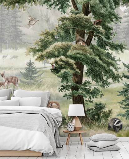 green and brown customisable kids nursery mural called Forest Fun Panorama by Kikki Belle