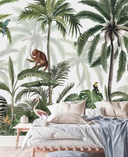 mural de guardería de la jungla personalizable llamado Jungle Jive Panorama de Kikki Belle para guarderías y salas de juegos