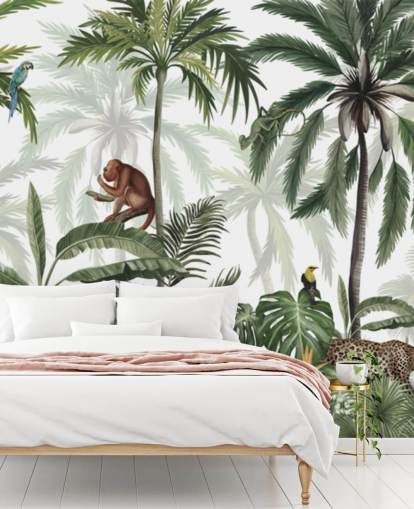 mural de guardería de la jungla personalizable llamado Jungle Jive Panorama de Kikki Belle para guarderías y salas de juegos