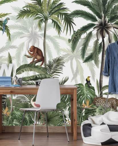 tilpasseligt jungle-børnehavevægmaleri kaldet Jungle Jive Panorama af Kikki Belle til planteskoler og legerum