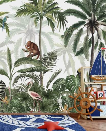 tilpassbart jungel barnehage veggmaleri kalt Jungle Jive Panorama av Kikki Belle for barnehager og lekerom