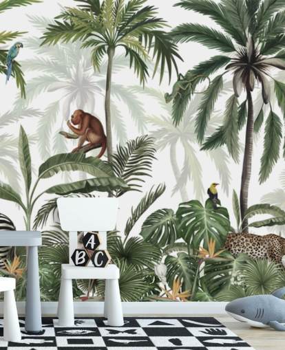 mural de guardería de la jungla personalizable llamado Jungle Jive Panorama de Kikki Belle para guarderías y salas de juegos