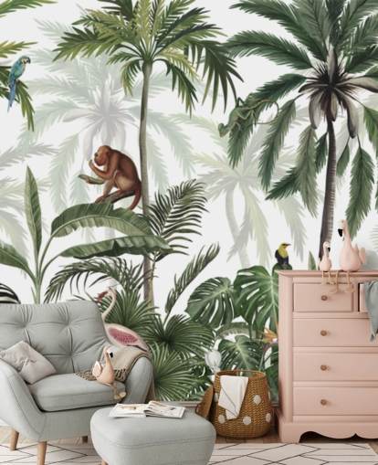 tilpasseligt jungle-børnehavevægmaleri kaldet Jungle Jive Panorama af Kikki Belle til planteskoler og legerum tilpasseligt jungle-børnehavevægmaleri kaldet Jungle Jive Panorama af Kikki Belle til planteskoler og legerum