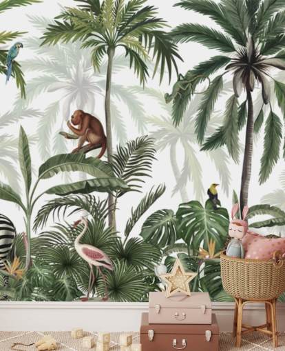 aanpasbare muurschildering voor junglekwekerijen genaamd Jungle Jive Panorama van Kikki Belle voor kinderdagverblijven en speelkamers