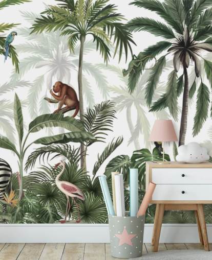 anpassningsbar djungel plantskola väggmålning som heter Jungle Jive Panorama av Kikki Belle för plantskolor och lekrum