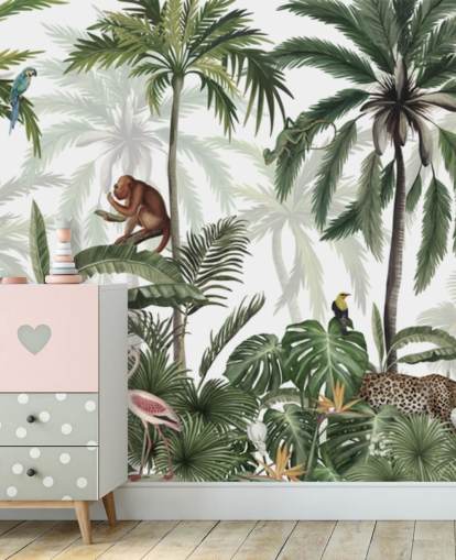 tilpassbart jungel barnehage veggmaleri kalt Jungle Jive Panorama av Kikki Belle for barnehager og lekerom