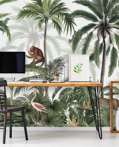 mural de guardería de la jungla personalizable llamado Jungle Jive Panorama de Kikki Belle para guarderías y salas de juegos