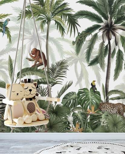 anpassbares Jungle-Kinderzimmer-Wandbild namens Jungle Jive Panorama von Kikki Belle für Kinderzimmer und Spielzimmer