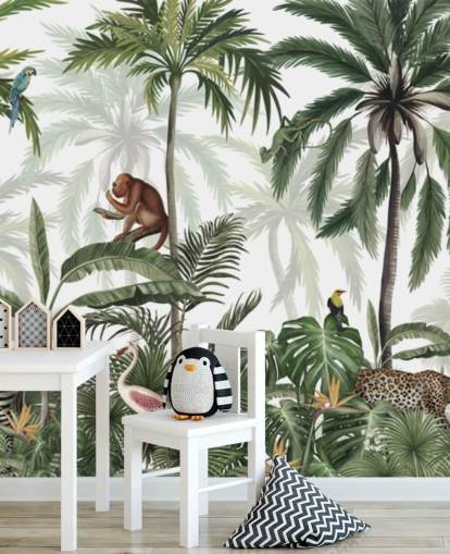 anpassbares Jungle-Kinderzimmer-Wandbild namens Jungle Jive Panorama von Kikki Belle für Kinderzimmer und Spielzimmer