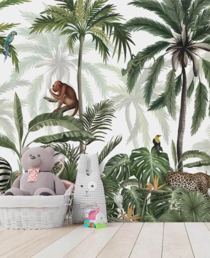 aanpasbare muurschildering voor junglekwekerijen genaamd Jungle Jive Panorama van Kikki Belle voor kinderdagverblijven en speelkamers