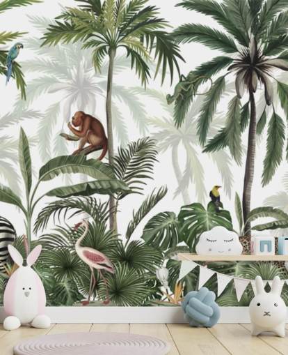 aanpasbare muurschildering voor junglekwekerijen genaamd Jungle Jive Panorama van Kikki Belle voor kinderdagverblijven en speelkamers