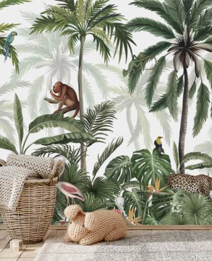 murale personalizzabile per camerette nella giungla chiamato Jungle Jive Panorama di Kikki Belle per asili nido e sale giochi