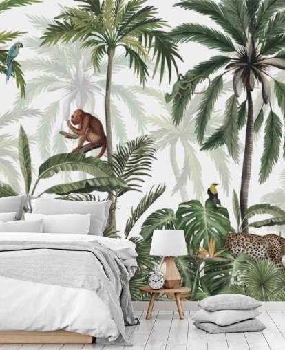 murale personalizzabile per camerette nella giungla chiamato Jungle Jive Panorama di Kikki Belle per asili nido e sale giochi