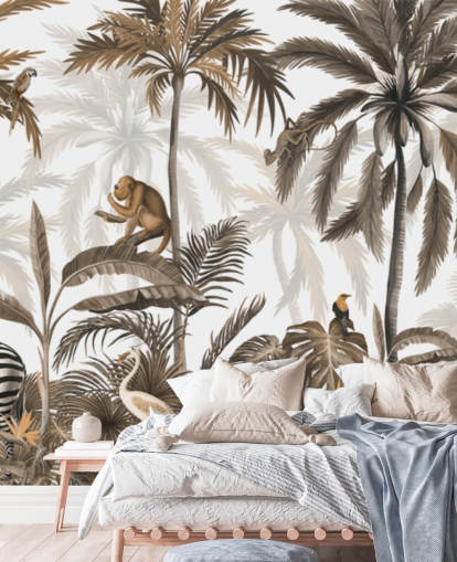 sepia jungle mural called Jungle Jive Sepia Panorama by Kikki Belle for children's rooms