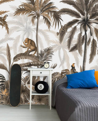 sepia jungle mural called Jungle Jive Sepia Panorama by Kikki Belle for children's rooms