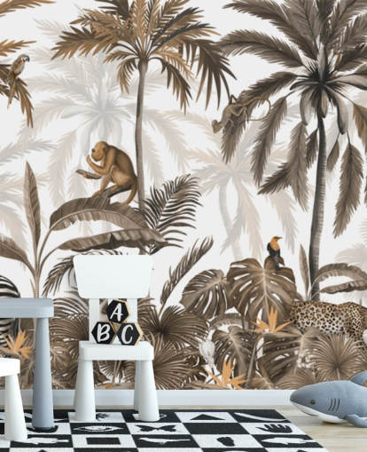 sepia jungle mural called Jungle Jive Sepia Panorama by Kikki Belle for children's rooms