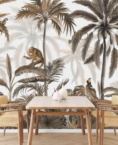 mural de selva em sépia chamado Jungle Jive Sepia Panorama de Kikki Belle para quartos infantis