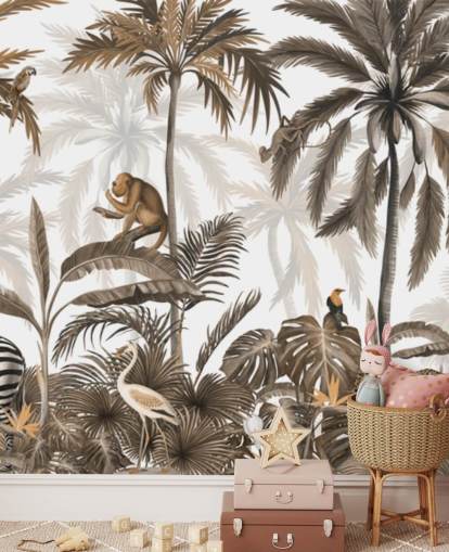 mural de selva em sépia chamado Jungle Jive Sepia Panorama de Kikki Belle para quartos infantis