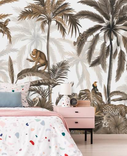 sepia jungle muurschildering genaamd Jungle Jive Sepia Panorama van Kikki Belle voor kinderkamers