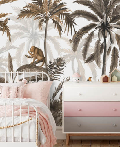 mural de selva em sépia chamado Jungle Jive Sepia Panorama de Kikki Belle para quartos infantis