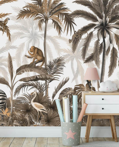 sepia jungle mural called Jungle Jive Sepia Panorama by Kikki Belle for children's rooms