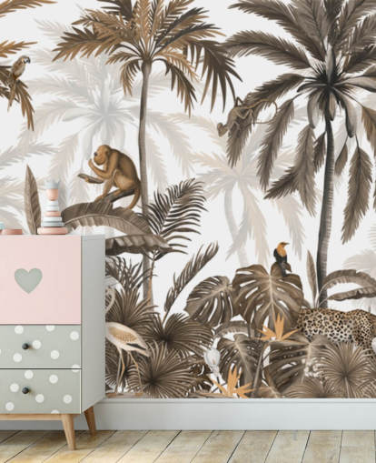 murale con giungla color seppia chiamato Jungle Jive Sepia Panorama di Kikki Belle per le camerette dei bambini