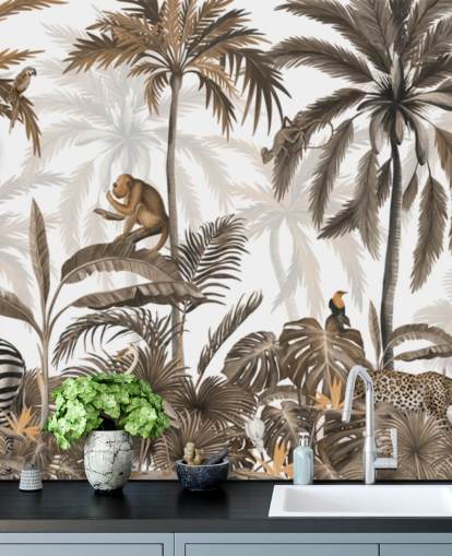 mural sepia de la jungla llamado Jungle Jive Sepia Panorama de Kikki Belle para habitaciones infantiles