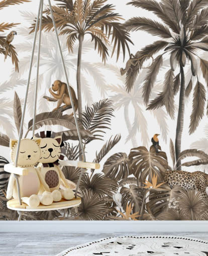 mural sepia de la jungla llamado Jungle Jive Sepia Panorama de Kikki Belle para habitaciones infantiles
