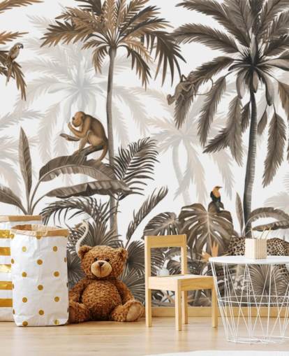 murale con giungla color seppia chiamato Jungle Jive Sepia Panorama di Kikki Belle per le camerette dei bambini