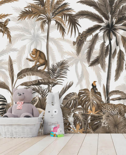 sepia jungle mural called Jungle Jive Sepia Panorama by Kikki Belle for children's rooms sepia jungle mural called Jungle Jive Sepia Panorama by Kikki Belle for children's rooms