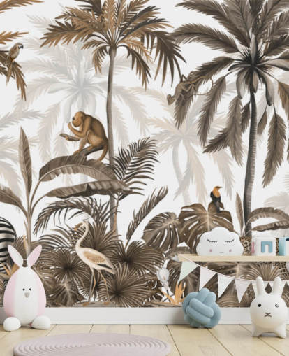 mural de selva em sépia chamado Jungle Jive Sepia Panorama de Kikki Belle para quartos infantis