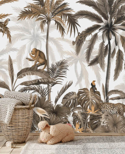 Sepia-Dschungel-Wandbild namens Jungle Jive Sepia Panorama von Kikki Belle für Kinderzimmer Sepia-Dschungel-Wandbild namens Jungle Jive Sepia Panorama von Kikki Belle für Kinderzimmer