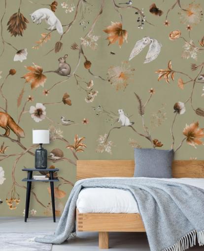 green and orange kids forest mural called Playful Forest Green Panorama by Kikki Belle