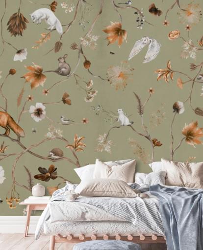 murale verde e arancione per bambini chiamato Playful Forest Green Panorama di Kikki Belle murale verde e arancione per bambini chiamato Playful Forest Green Panorama di Kikki Belle