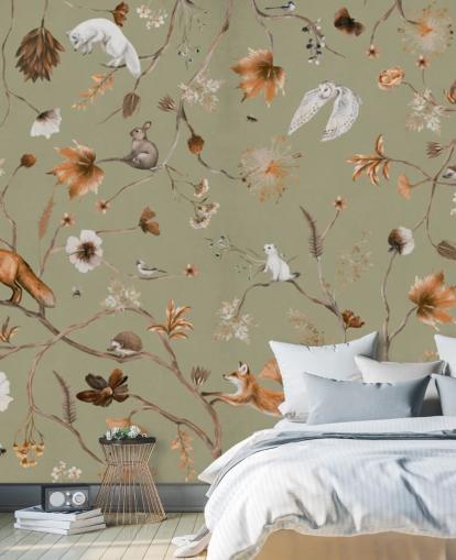 green and orange kids forest mural called Playful Forest Green Panorama by Kikki Belle