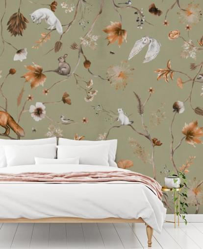 green and orange kids forest mural called Playful Forest Green Panorama by Kikki Belle