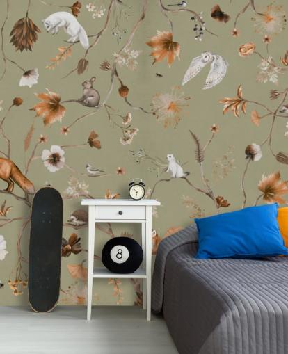 mural florestal infantil verde e laranja chamado Playful Forest Green Panorama de Kikki Belle