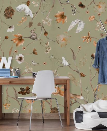 green and orange kids forest mural called Playful Forest Green Panorama by Kikki Belle