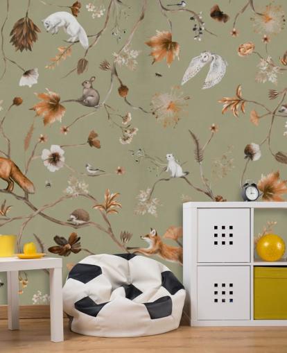 mural de bosque infantil verde y naranja llamado Playful Forest Green Panorama de Kikki Belle