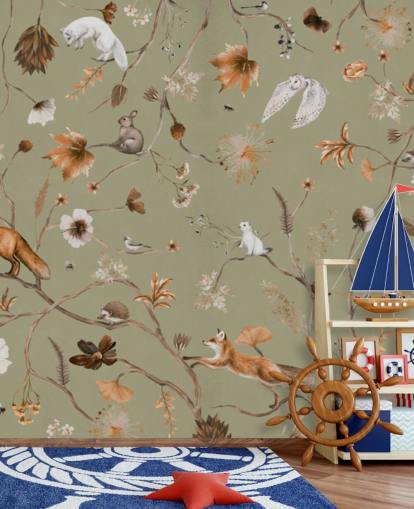 grünes und orangefarbenes Wald-Wandbild für Kinder namens Playful Forest Green Panorama von Kikki Belle