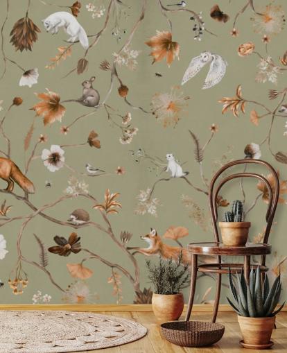 green and orange kids forest mural called Playful Forest Green Panorama by Kikki Belle