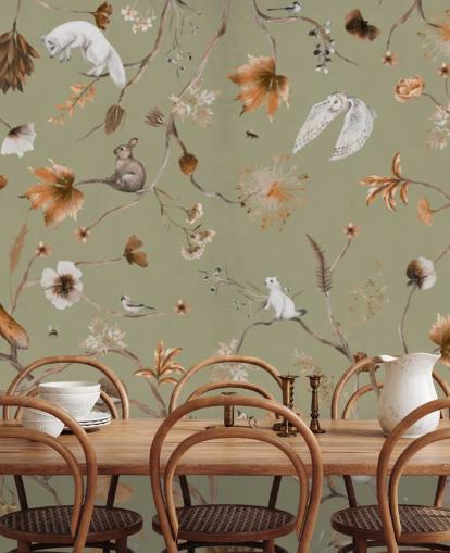 murale verde e arancione per bambini chiamato Playful Forest Green Panorama di Kikki Belle