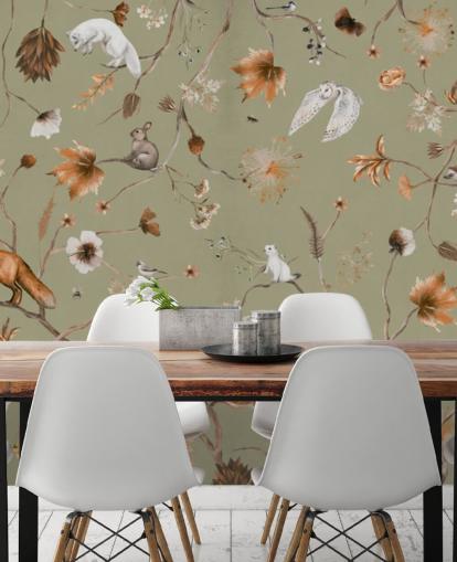 green and orange kids forest mural called Playful Forest Green Panorama by Kikki Belle