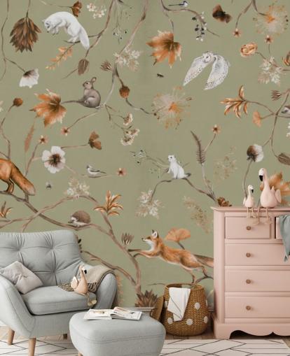 mural de bosque infantil verde y naranja llamado Playful Forest Green Panorama de Kikki Belle